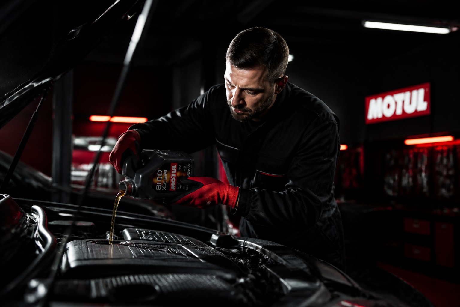 Technician pouring fresh synthetic oil into an engine