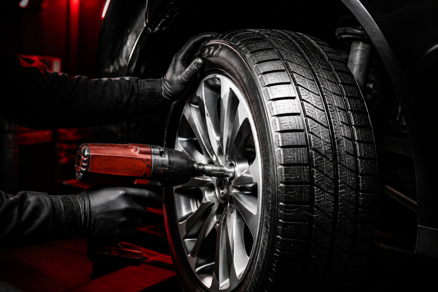 Technician installing a tire with an impact wrench